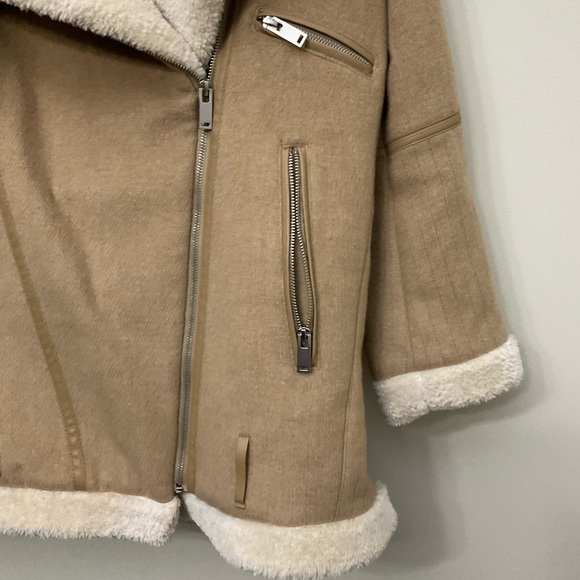 Zara Faux Fur Shearling and Suede Aviator Bomber Jacket Tan Beige Medium - Picture 4 of 13